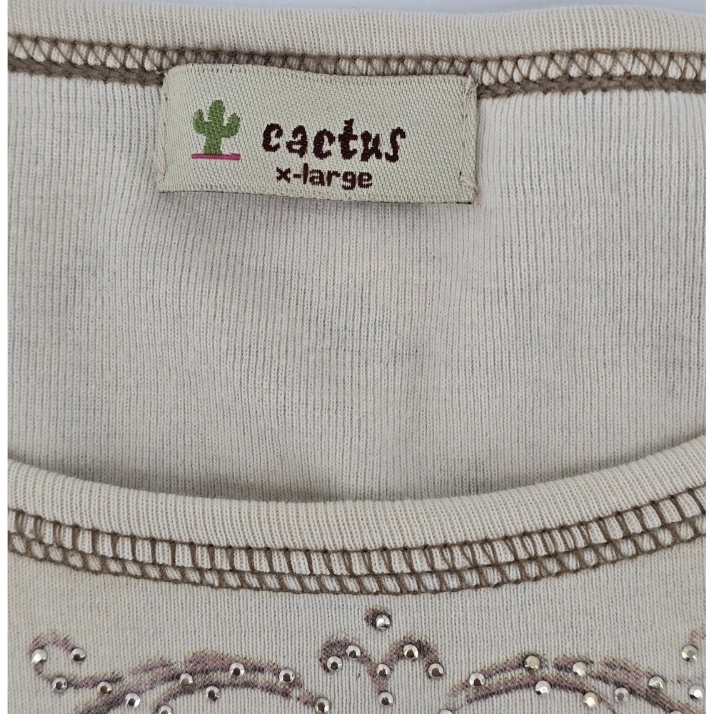 Vtg Y2K Cactus "Victorian Style" Top Sz XL Beige Embellished T-Shirt Roses - Picture 5 of 7